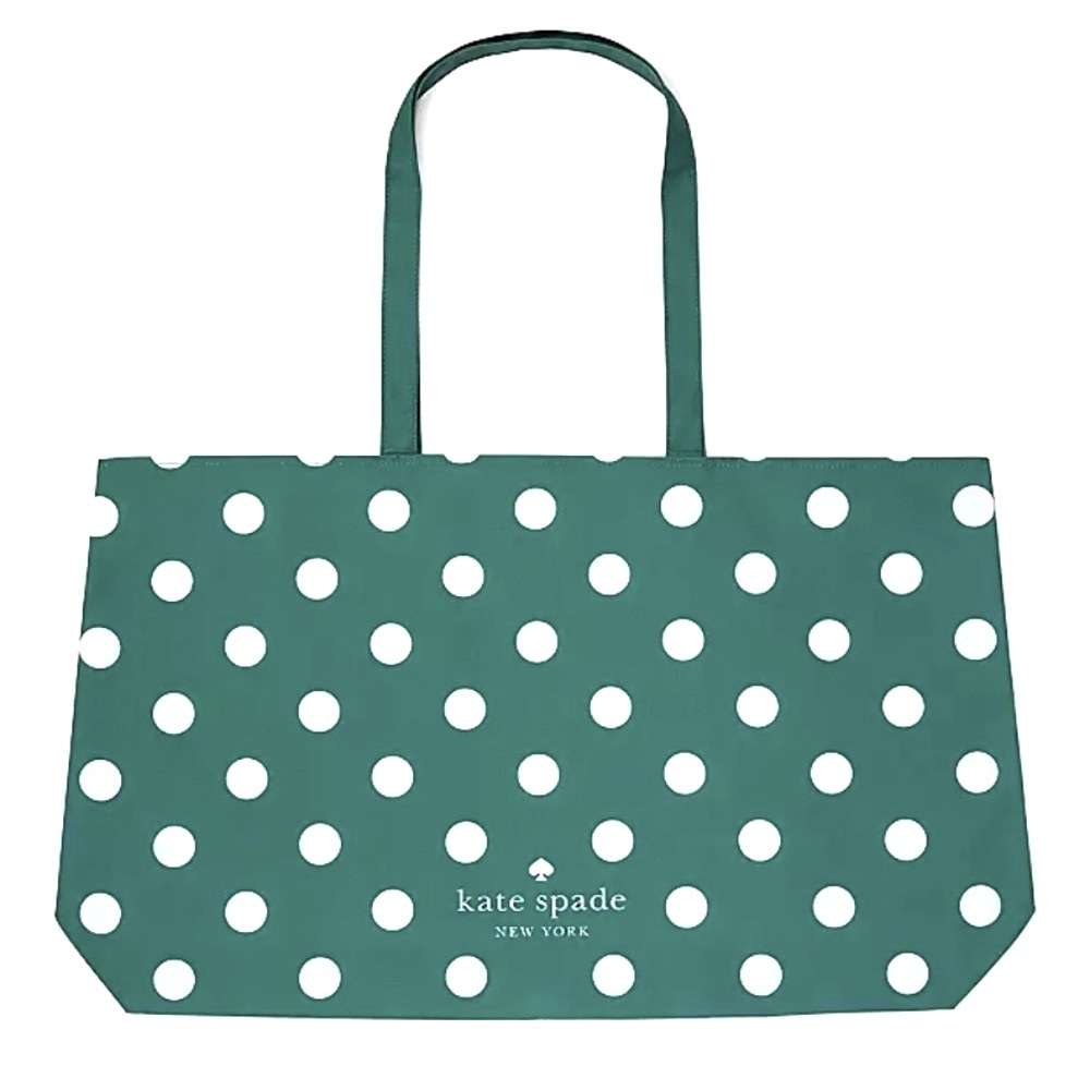 New Kate Spade Green-White Polka Dots Canvas Tote XL Reusable Shopping Beach Bag